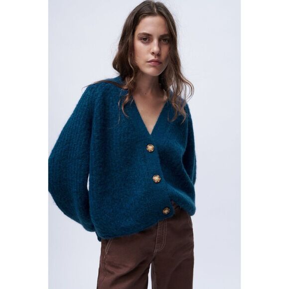 Teal Blue Zara Chunky Knit Button Front V-Neck Cardigan Sweater (NWT) - Picture 1 of 13